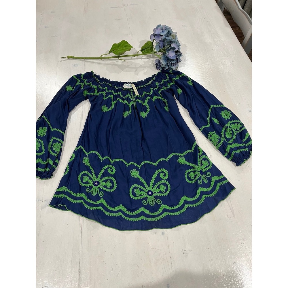 Paupette boho blue and green off the shoulder embroidered top‎